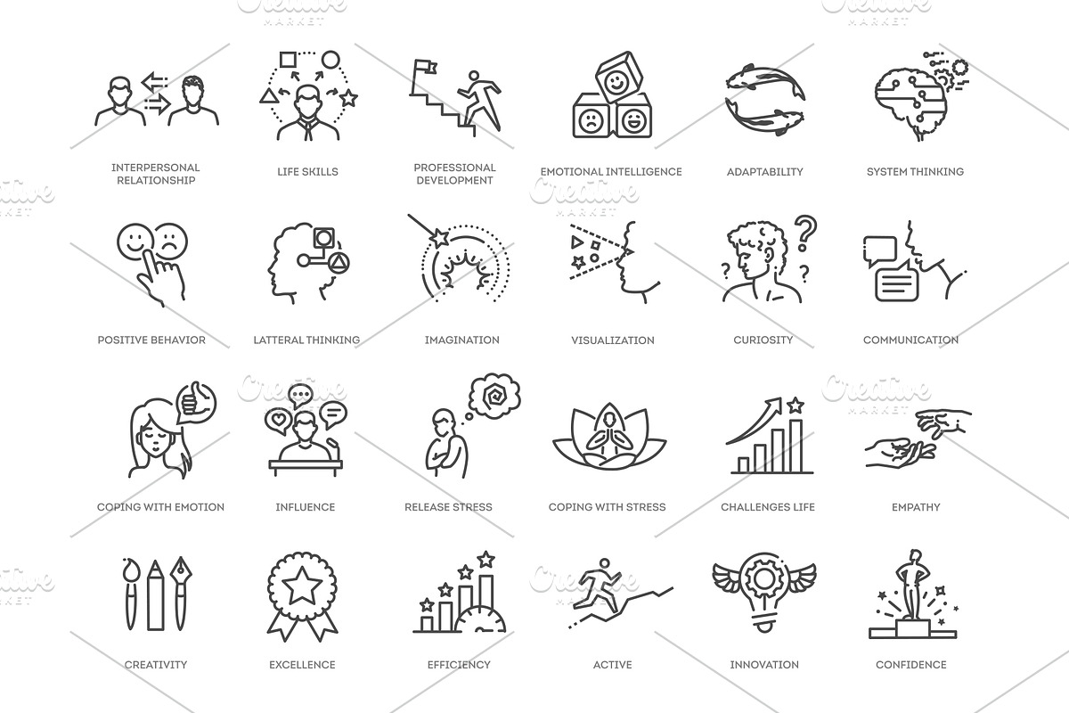 Soft and Life Skills Line Icons Set, an Outline Icon by Tettygreen (Photo 2 of 2)