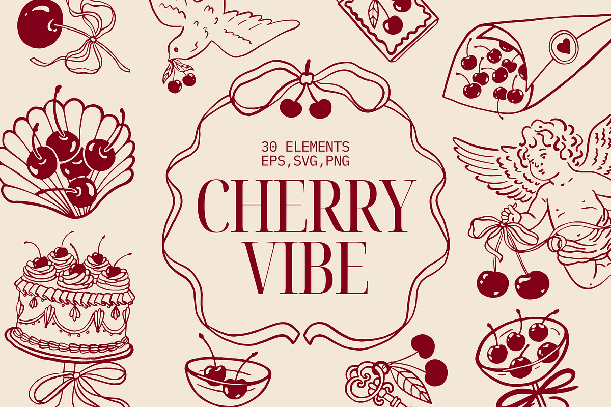 Whimsical Coquette Cherry Vibe Set, a Decorative Illustration by Veronika Gotovceva (Photo 1 of 6)