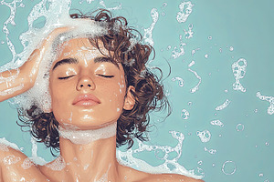 Close up of young person cleansing hair in a refreshing foam-filled shower, a Photo by AS photostudio