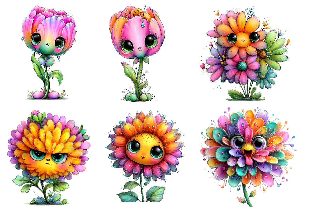 Watercolor Funny Flowers Clipart, an Illustration by Designworld (Photo 5 of 6)
