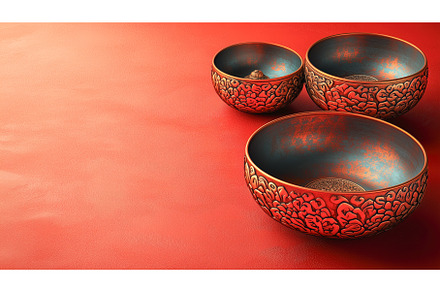 Decorative Copper Bowls on Red, a Holiday Photo by Rodica Ciorba