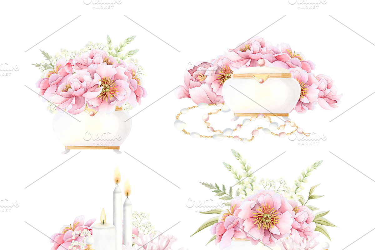 Pink Peonies Watercolor Women Beauty, a Decorative Illustration by Elena Malgina Clipart (Photo 3 of 13)
