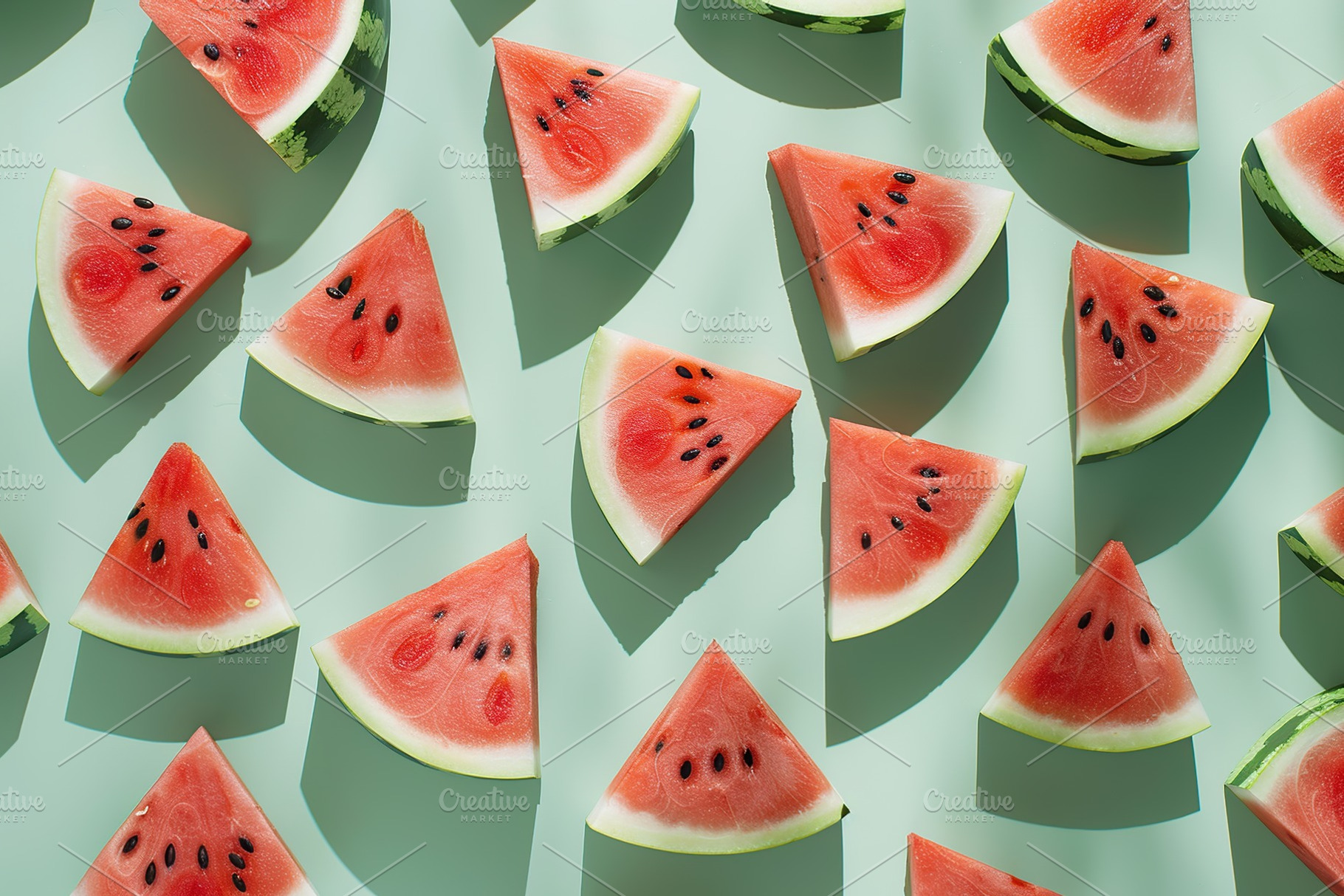 Pattern of fresh watermelon slices on green background, a Food & Drink Photo by AlyaAnd