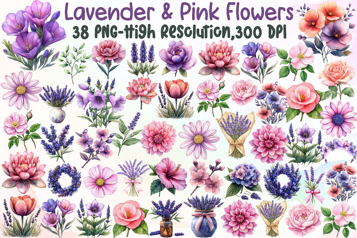 Lavender & Pink Flowers Watercolor, an Illustration by Sublimation Artist (Photo 1 of 6)