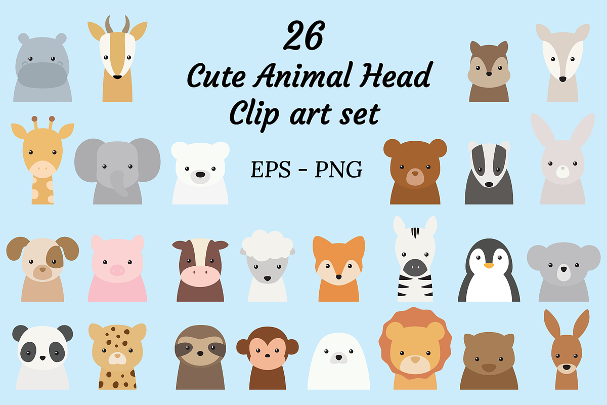 Cute Animal Head Clipart Set of 26, an Animal Illustration by Rebecca Tiana Studio (Photo 1 of 5)
