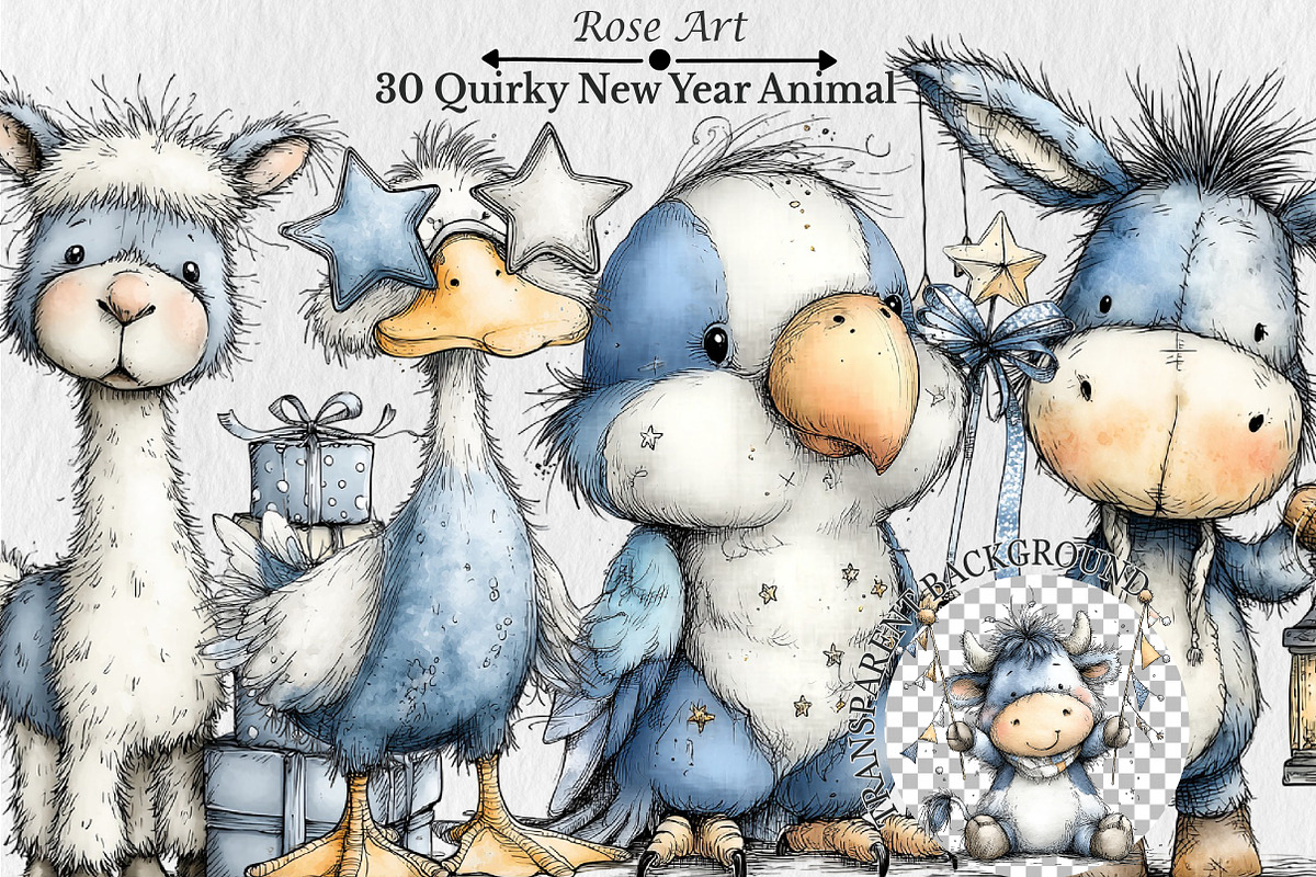Quirky Happy New Year Animal Clipart, a Seasonal Illustration by Rose Art (Photo 1 of 7)
