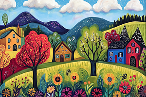 Mountain Village with Trees Print, a Decorative Illustration by Art Paradise Studios