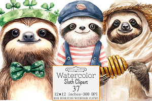 Watercolor Sloth Clipart, a Seasonal Illustration by Design Market