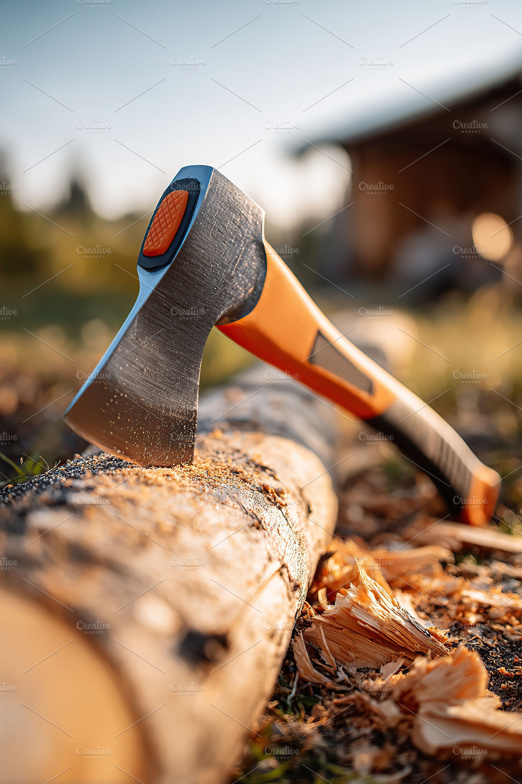 Close up of an axe resting on a freshly chopped log in a forest during the gold, a Photo by AlyaAnd