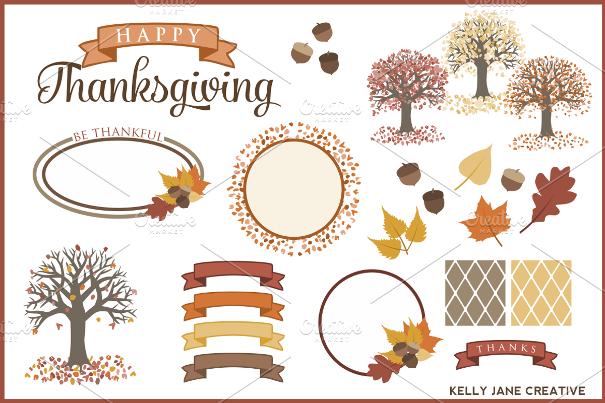 Autumn Trees, Leaves & Acorns Vector, an Illustration by Kelly Jane Creative