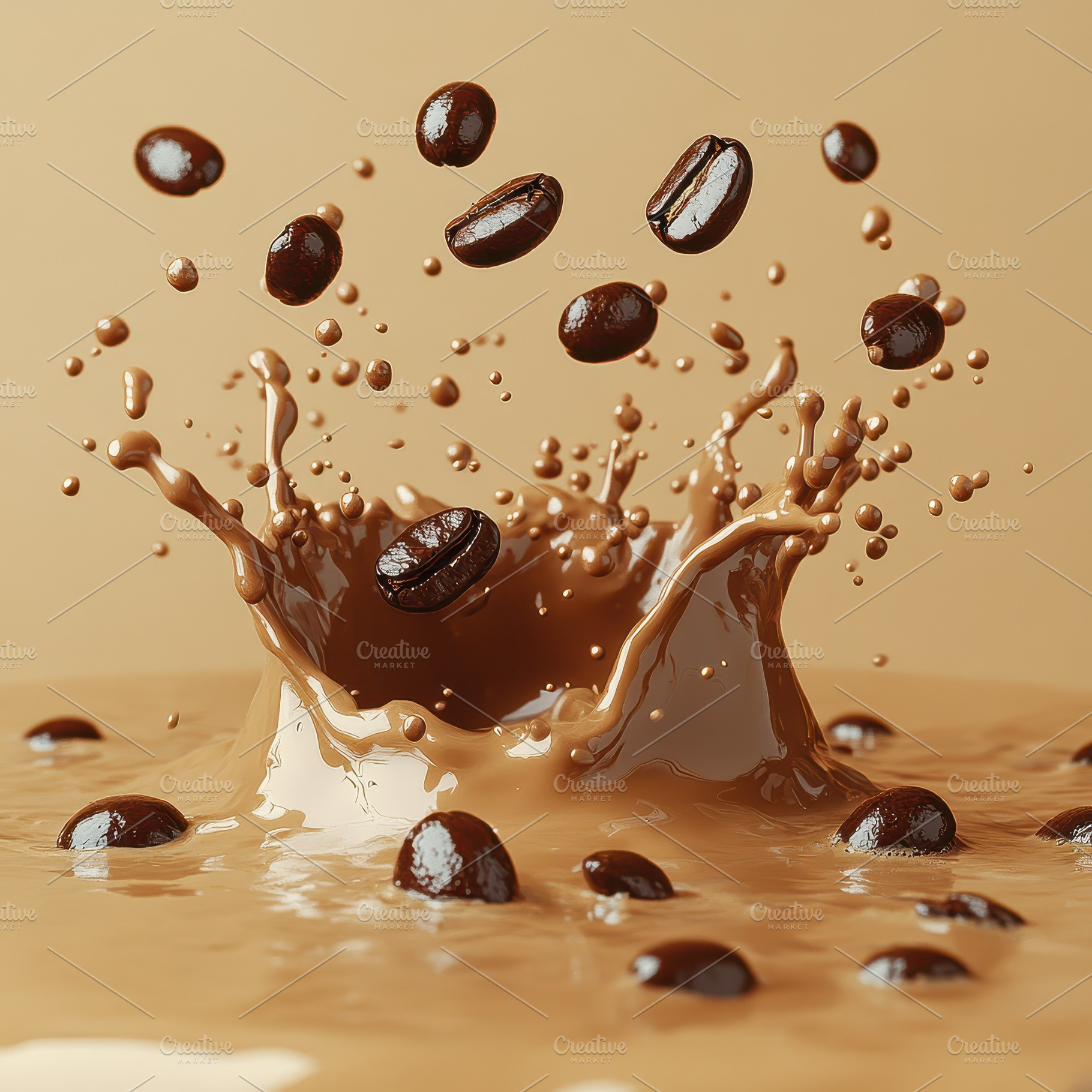 Coffee beans splashing into creamy b, a Food & Drink Photo by Pixeness Studio