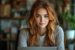 Young woman with red hair working on, a Photo by Tanuart