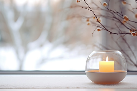 Candle in elegant glass candleholder on a windowsill, with winte, a Holiday Photo by Studio Light & Shade
