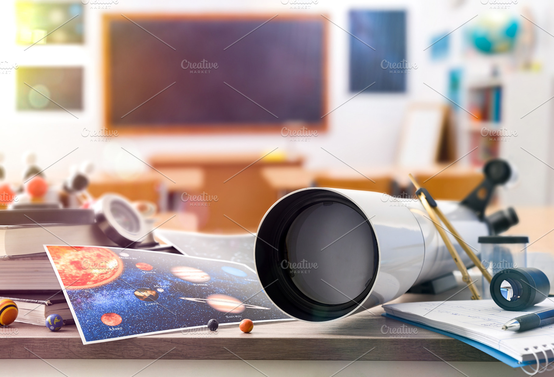 Astronomy student table with materials and tools and classroom b, a School & Education Photo by Davizro's Market