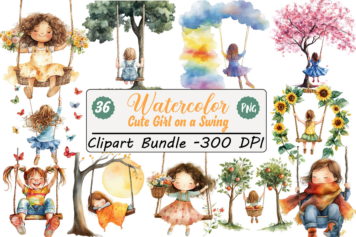 Watercolor Cute Girl on a Swing PNG, an Illustration by DreamCafeArt (Photo 1 of 8)