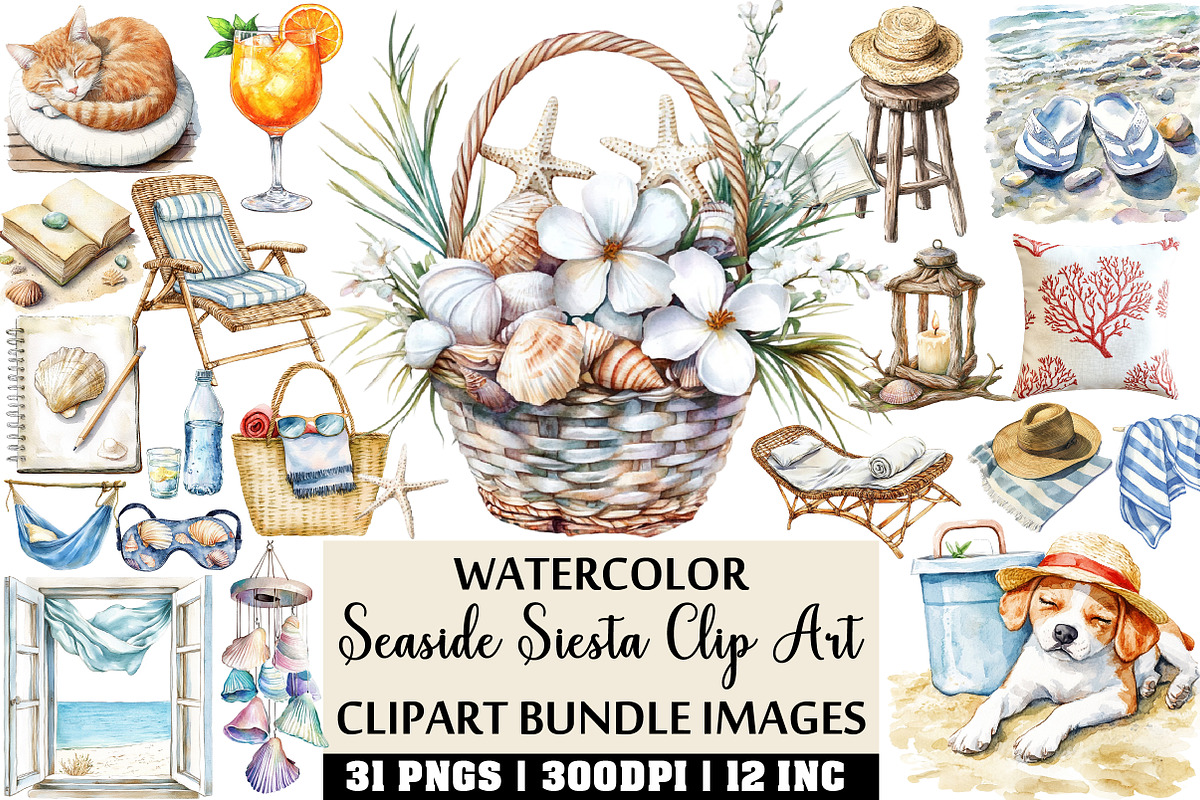 Watercolor Seaside Siesta Clip Art, an Illustration by Craft Nest (Photo 1 of 4)