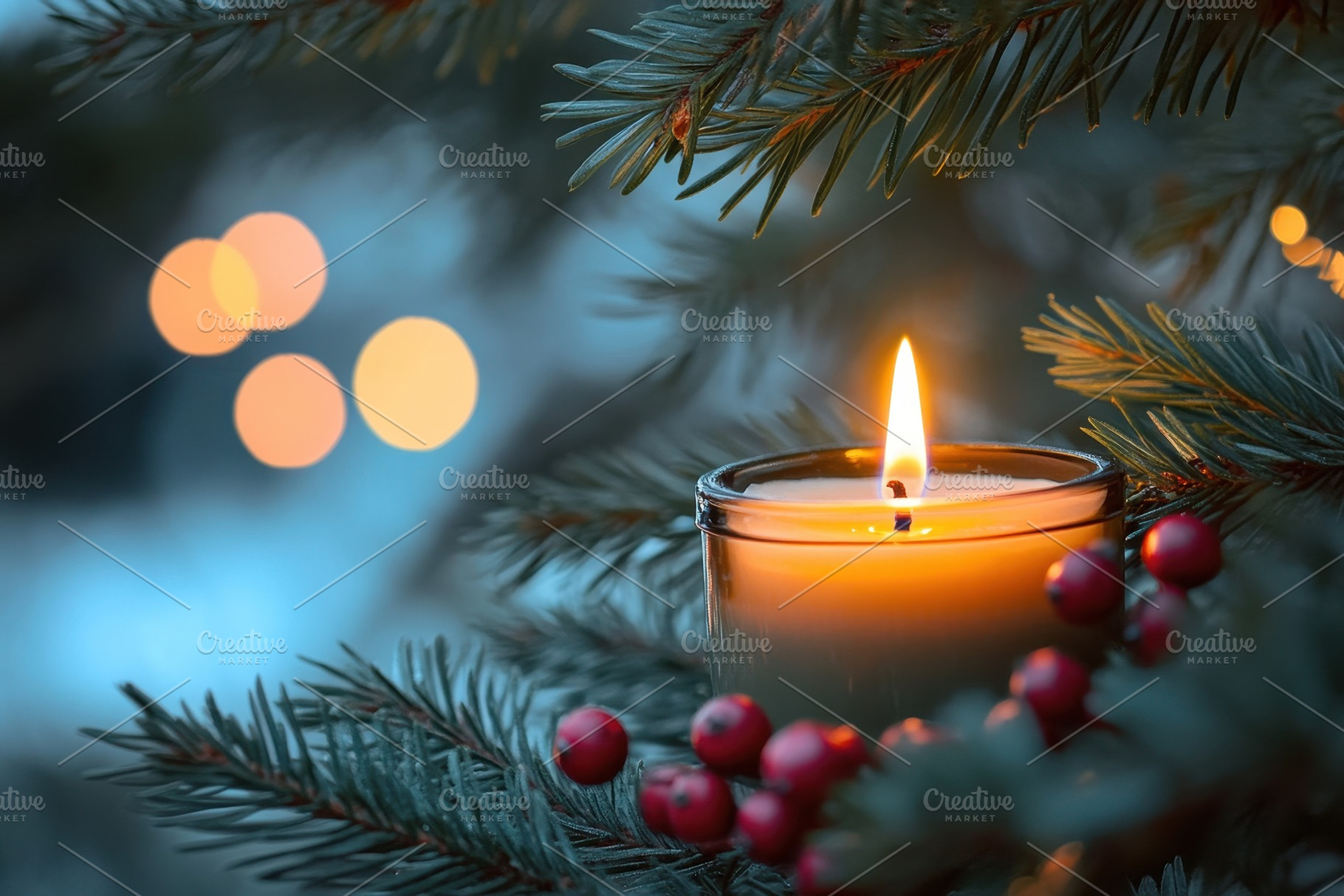 A festive candle in a spruce tree, a Photo by Pavel_design