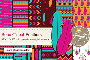 Boho Feather Digital Papers Clipart