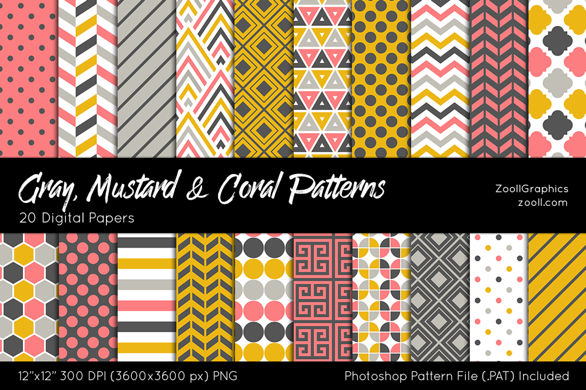 Gray, Mustard & Coral Digital Papers, a Pattern Graphic by ZoollGraphics