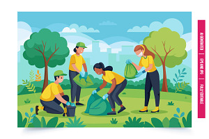 Four volunteers are cleaning up a ci, an Illustration by Tanuart