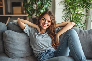 Relaxed woman smiles while lounging, a Photo by Pavel_design