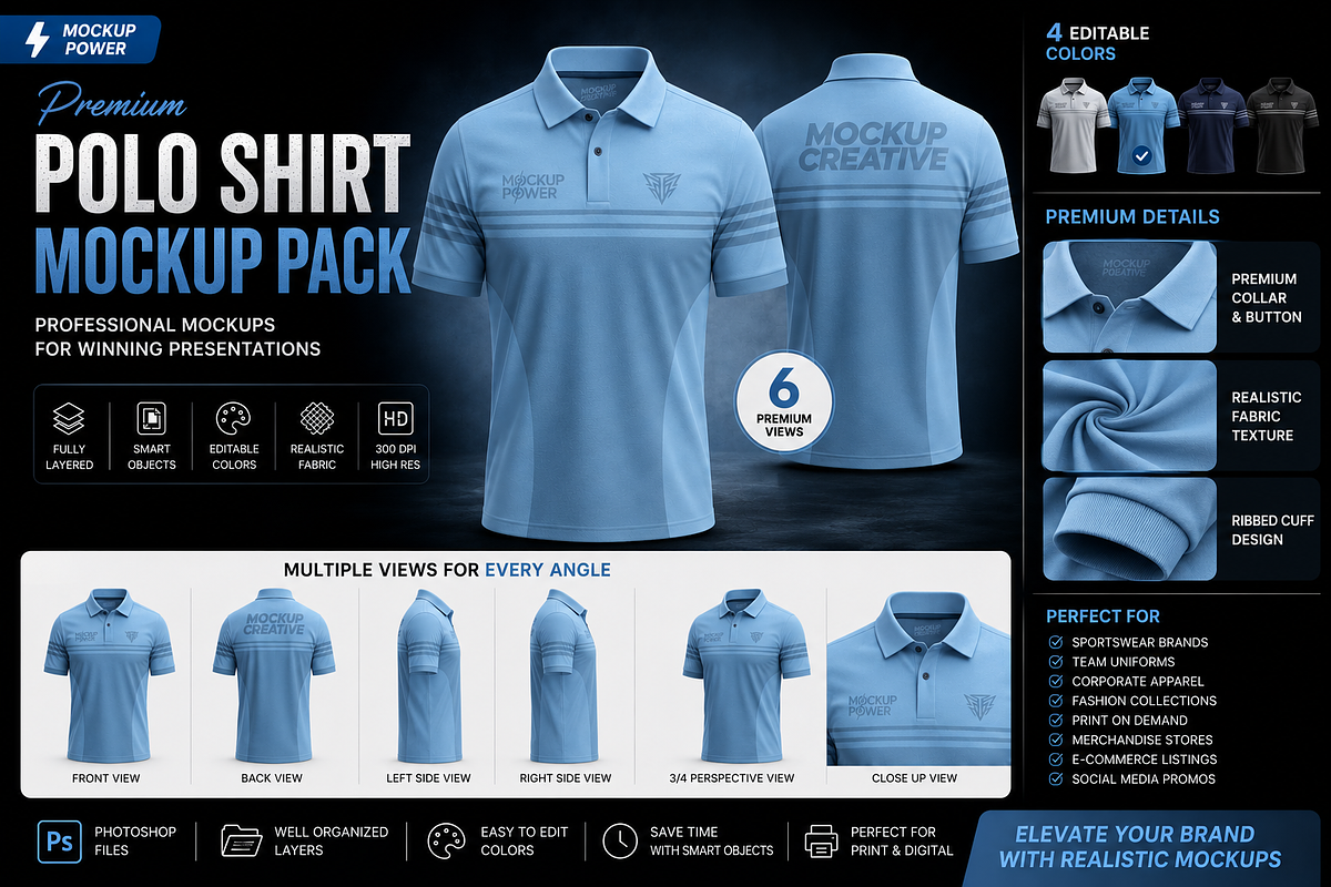 Premium Short Polo Shirt Mockup Pack, a Shirt Mockup by Mockup Power (Photo 1 of 5)