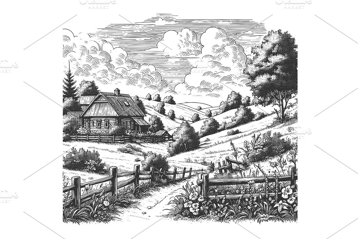 Rustic Countryside Road with, an Illustration by AlexArt