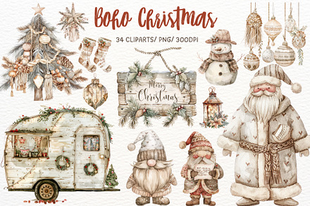 Boho Christmas Watercolor Clipart