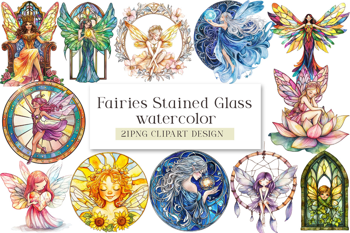 Fairies Stained Glass Watercolor Cli, an Illustration by DreamArtGraphic (Photo 1 of 4)