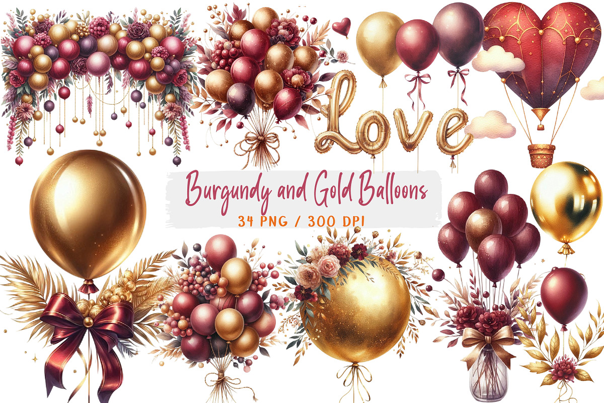 Burgundy and Gold Balloons Clipart, an Illustration by DreamArtGraphic (Photo 1 of 4)