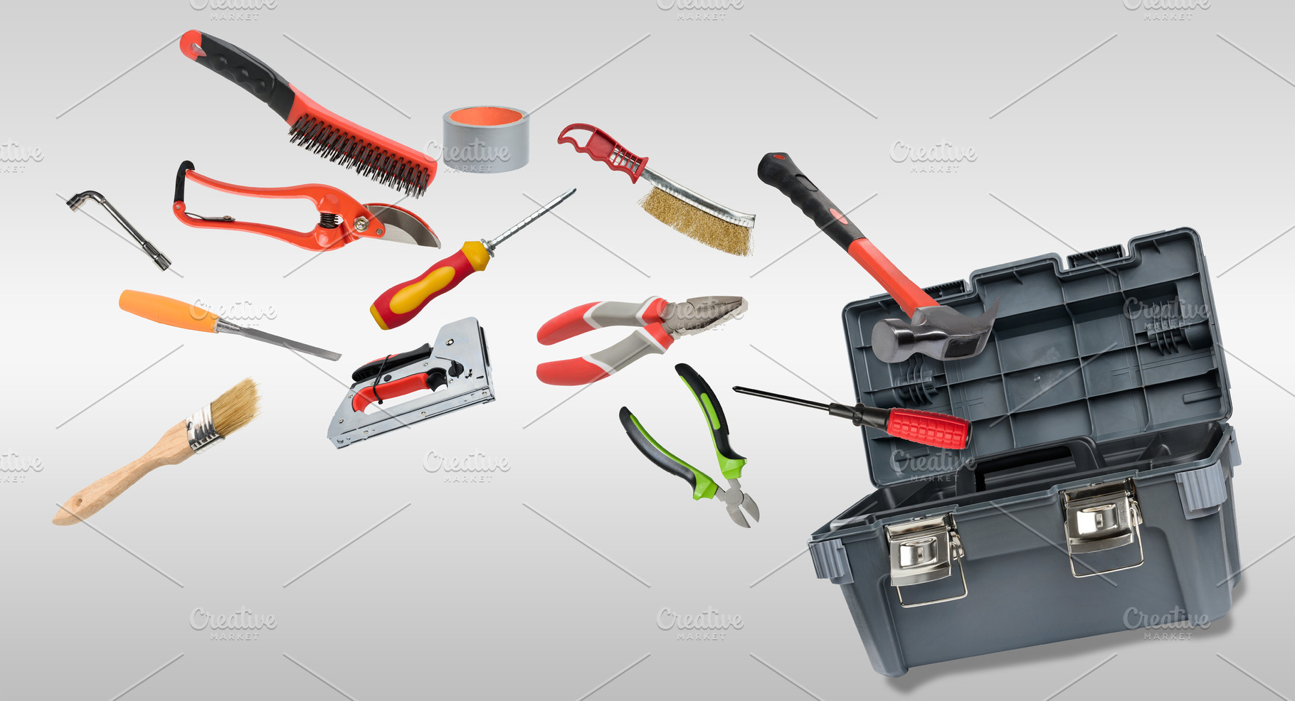 Set of various tools for repair and construction around open pla, an Industrial Photo by ndanko