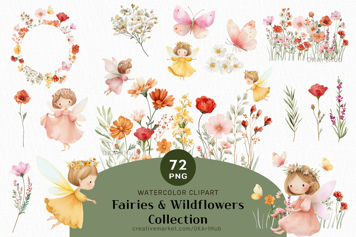 Watercolor Fairy Garden Clipart Set, a Decorative Illustration by OKArtHub (Photo 1 of 11)