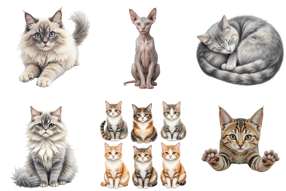 Beautiful Watercolor Cats Clipart, an Illustration by Pixels.Craft (Photo 2 of 5)