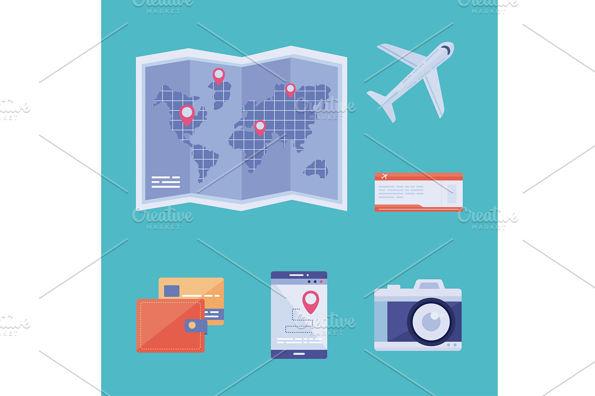 six travel planing icons, an Object Illustration by studiogstock