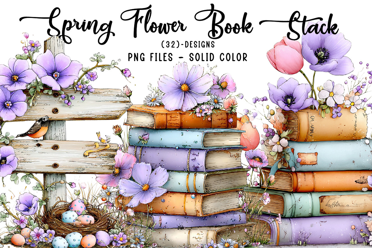 Spring Flower Book Stack Sublimation, an Illustration by CreationArt (Photo 1 of 7)