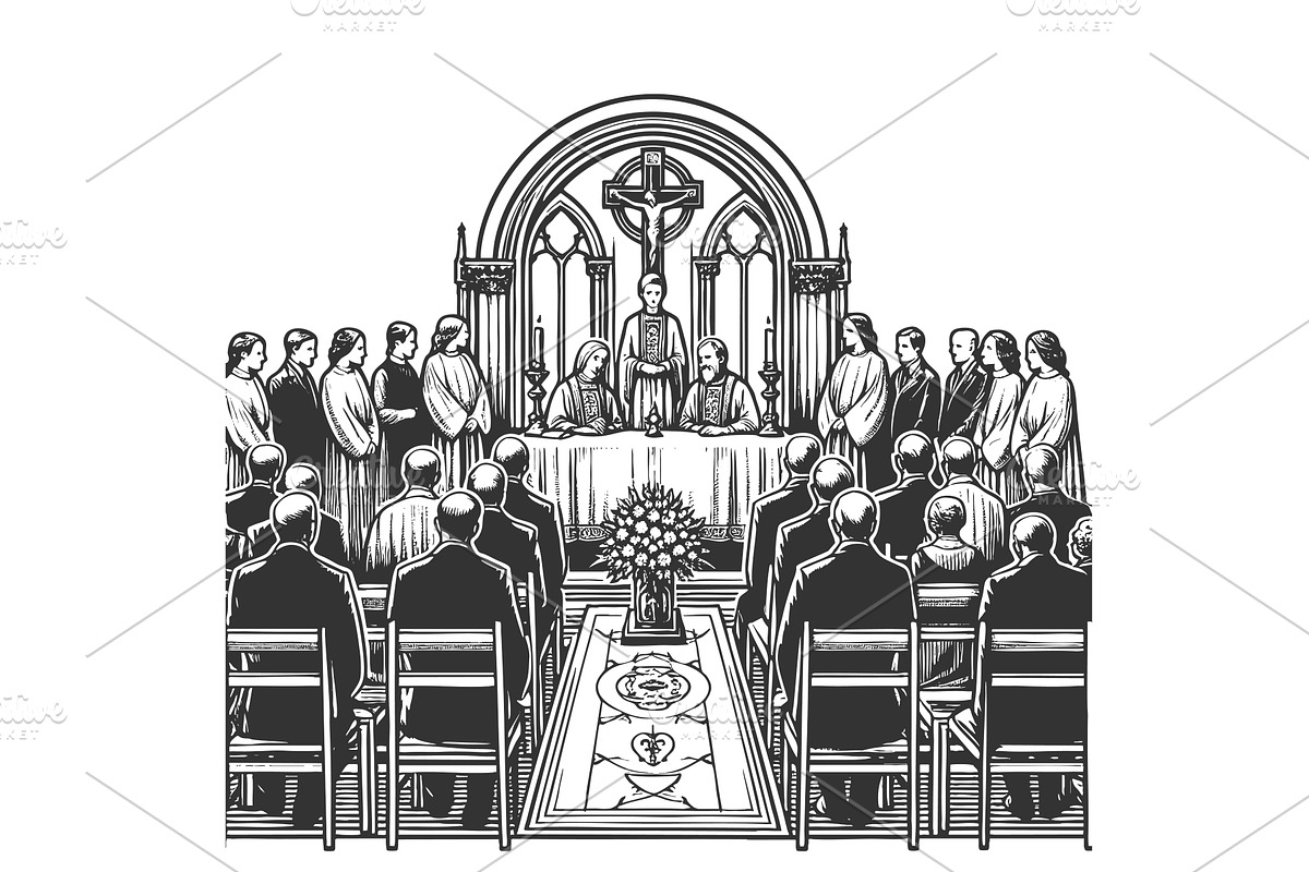 Church Ceremony with Congregation, an Illustration by AlexArt