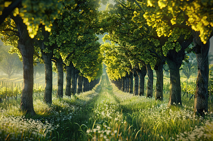 Vineyard trees growing in a rows, a Nature Photo by AlyaAnd