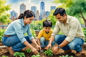 Young family growing vegetables on a rooftop garden in an urban, a Person Illustration by DanFLCreativo