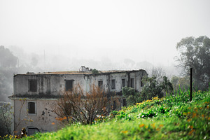 Abandoned building, misty landscape, an Architecture Photo by SkyNext