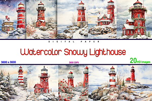 Watercolor Snowy Lighthouse