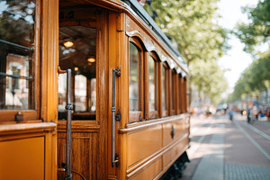 The city tram slowly moves along its route, a Transportation Photo by AlyaAnd