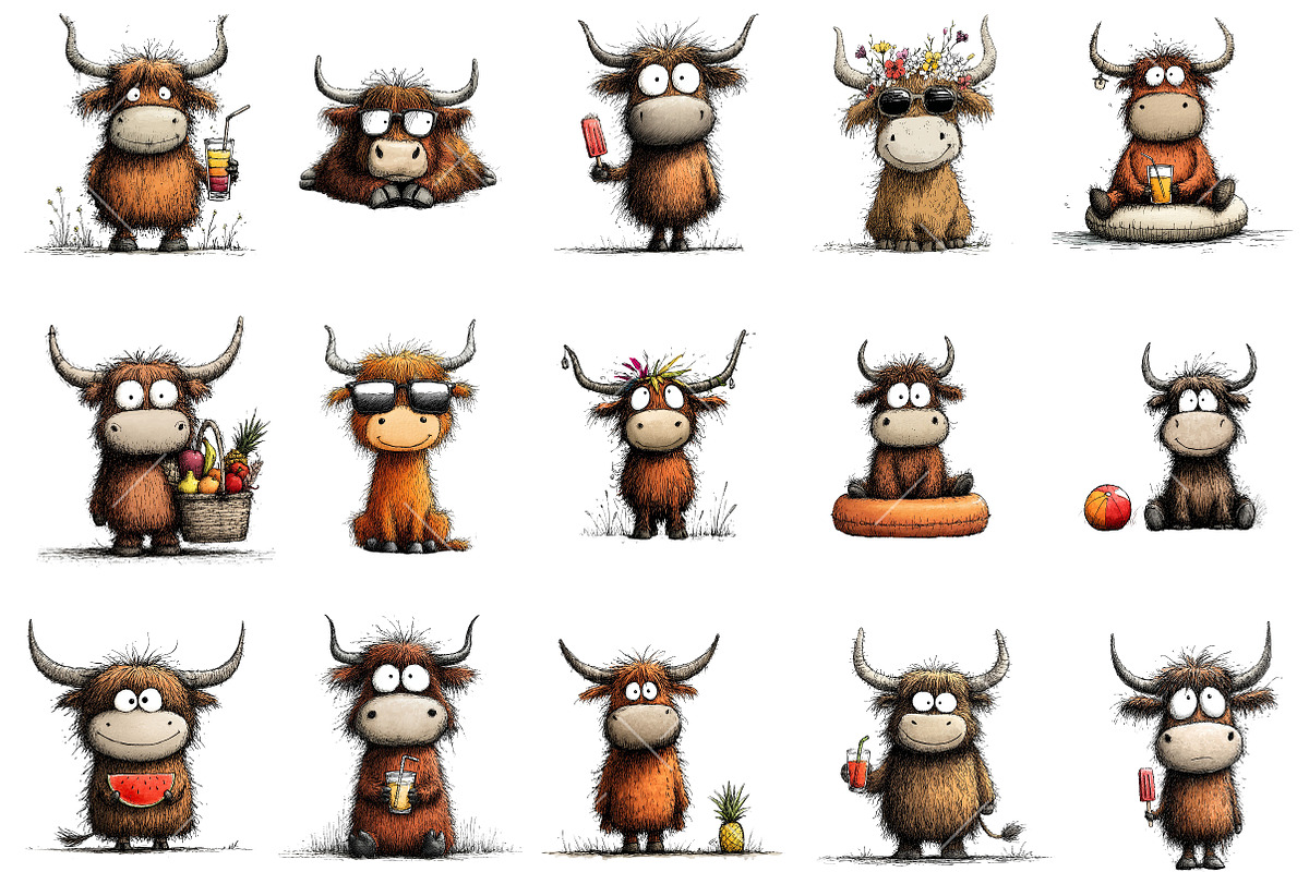 Whimsical Summer Highland Cow Clipar, an Illustration by OK Design (Photo 3 of 6)