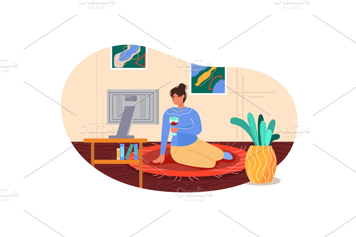 Woman relax stay home drinking wine, a Person Illustration by vectorpointstudio