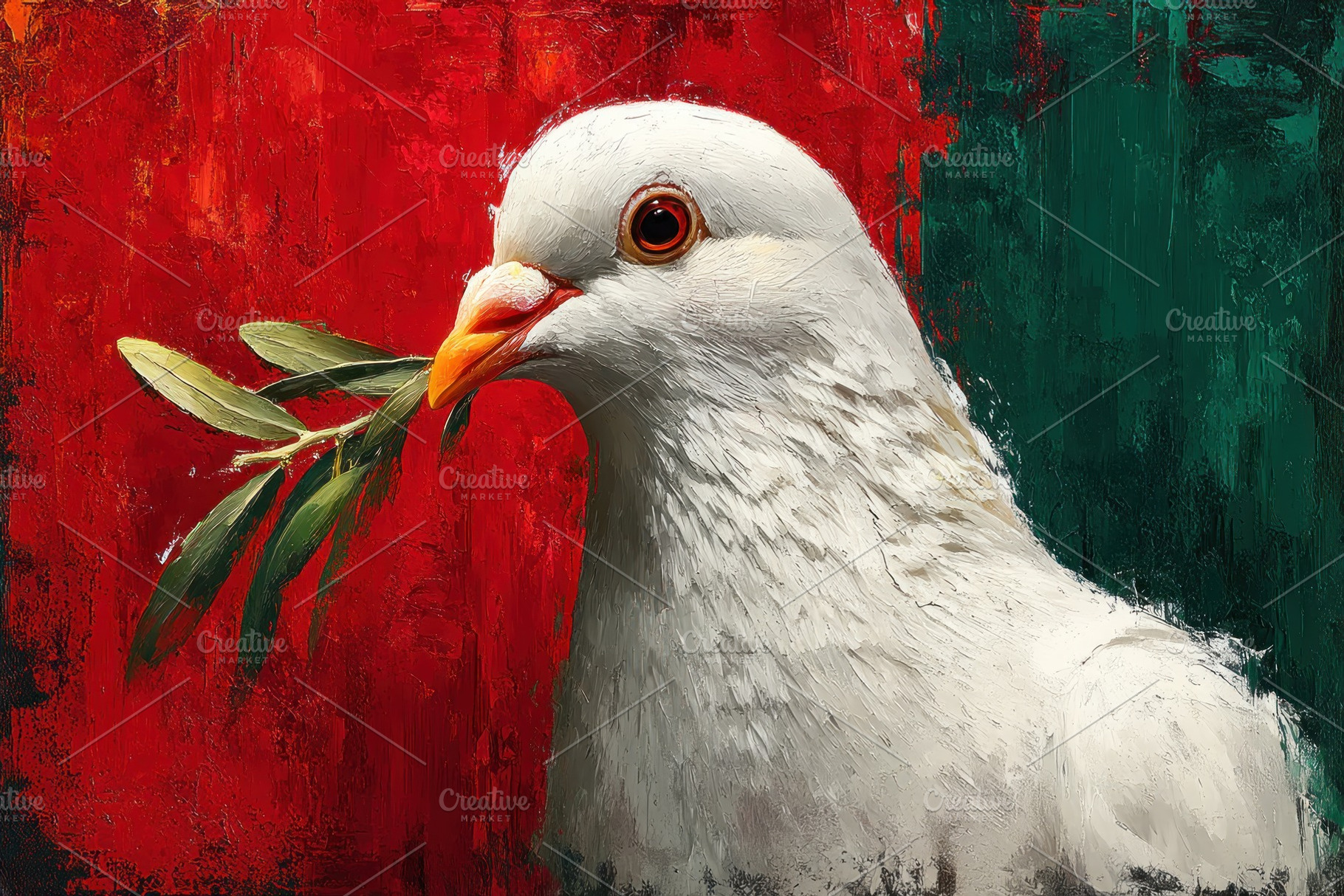 Close up of white dove with olive branch in beak symbolizing pea, an Animal Photo by José Manuel Gelpi