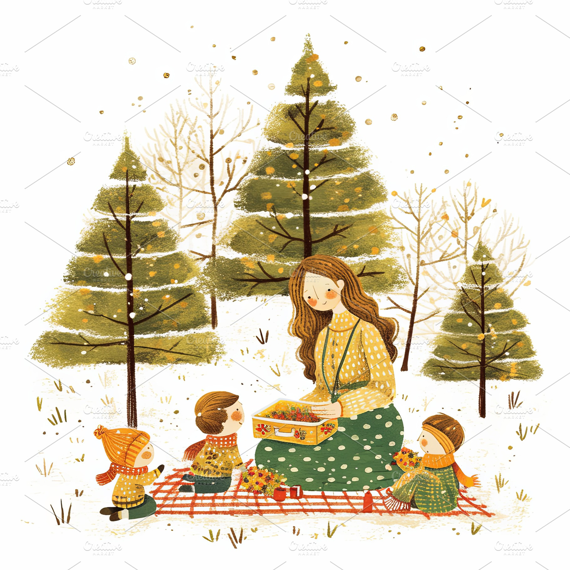 Illustration of a mother with children in a snowy winter forest picnic scene, a Photo by AS photostudio