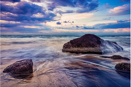 waves and rocks on beach of sunset, a Nature Photo by f9photos