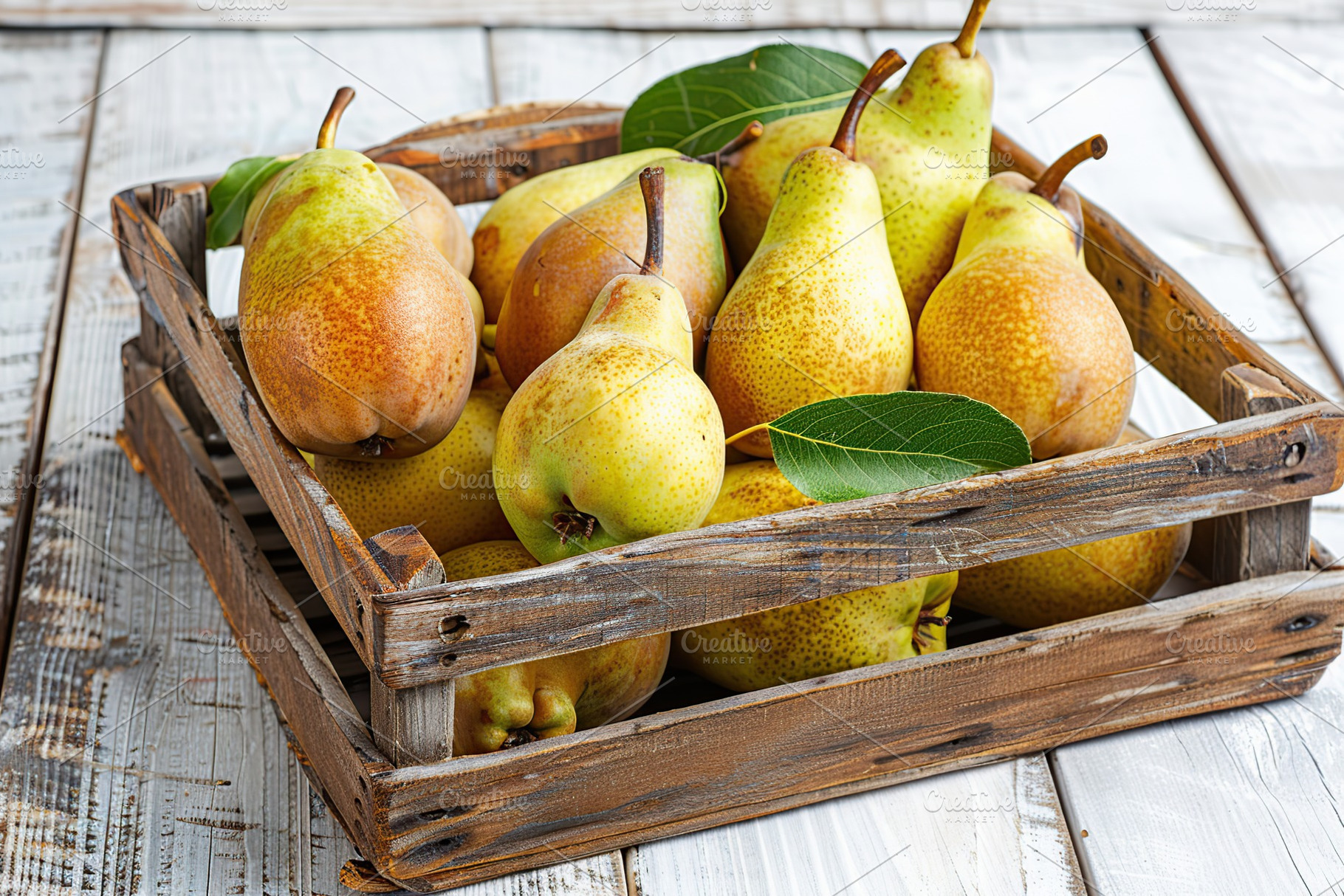 Ripe pears in crate on white wooden table, a Food & Drink Photo by AlyaAnd