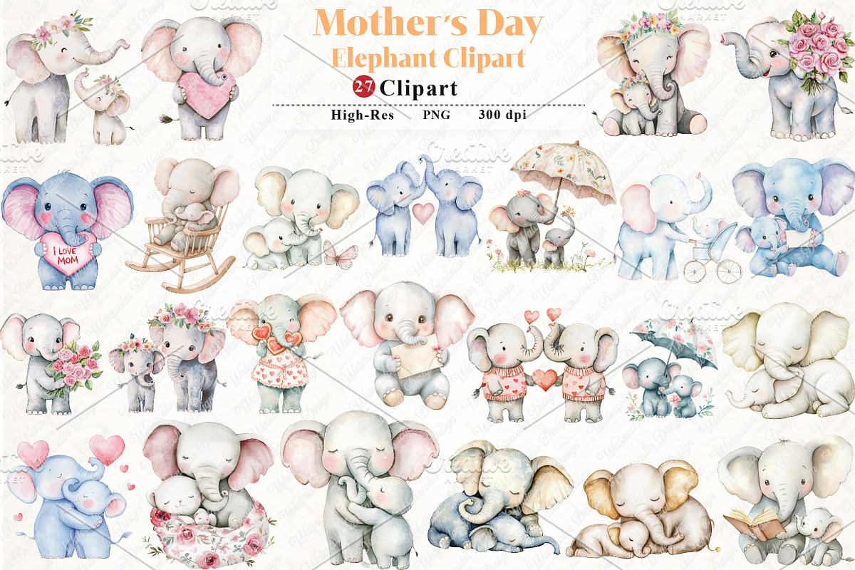 Mother's Day Elephant Clipart, an Illustration by Watercolor design (Photo 1 of 12)