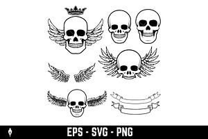 Biker Theme Labels. Skulls With Wing