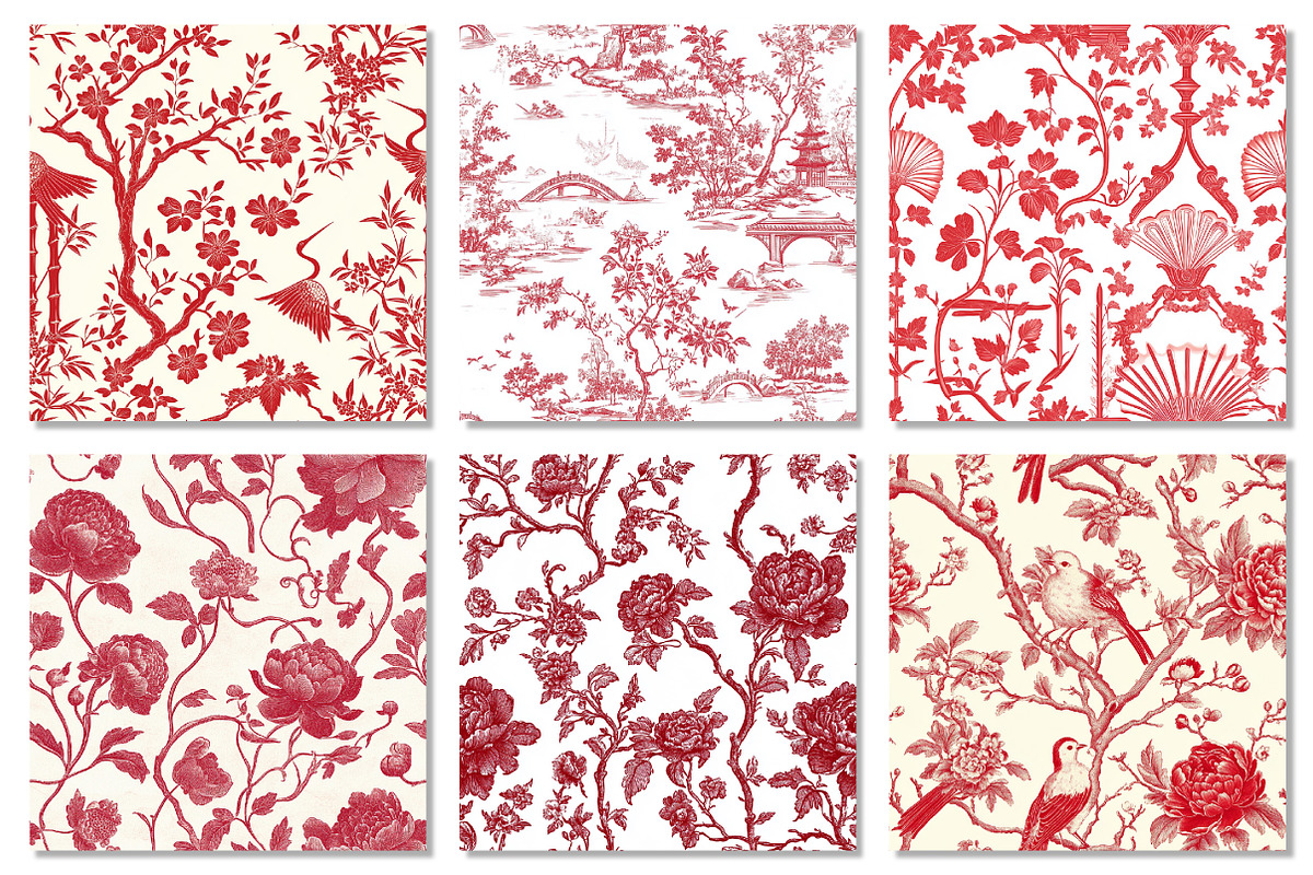 Red & White Chinoiserie Digital Pape, a Texture Graphic by Dream Creation (Photo 3 of 7)